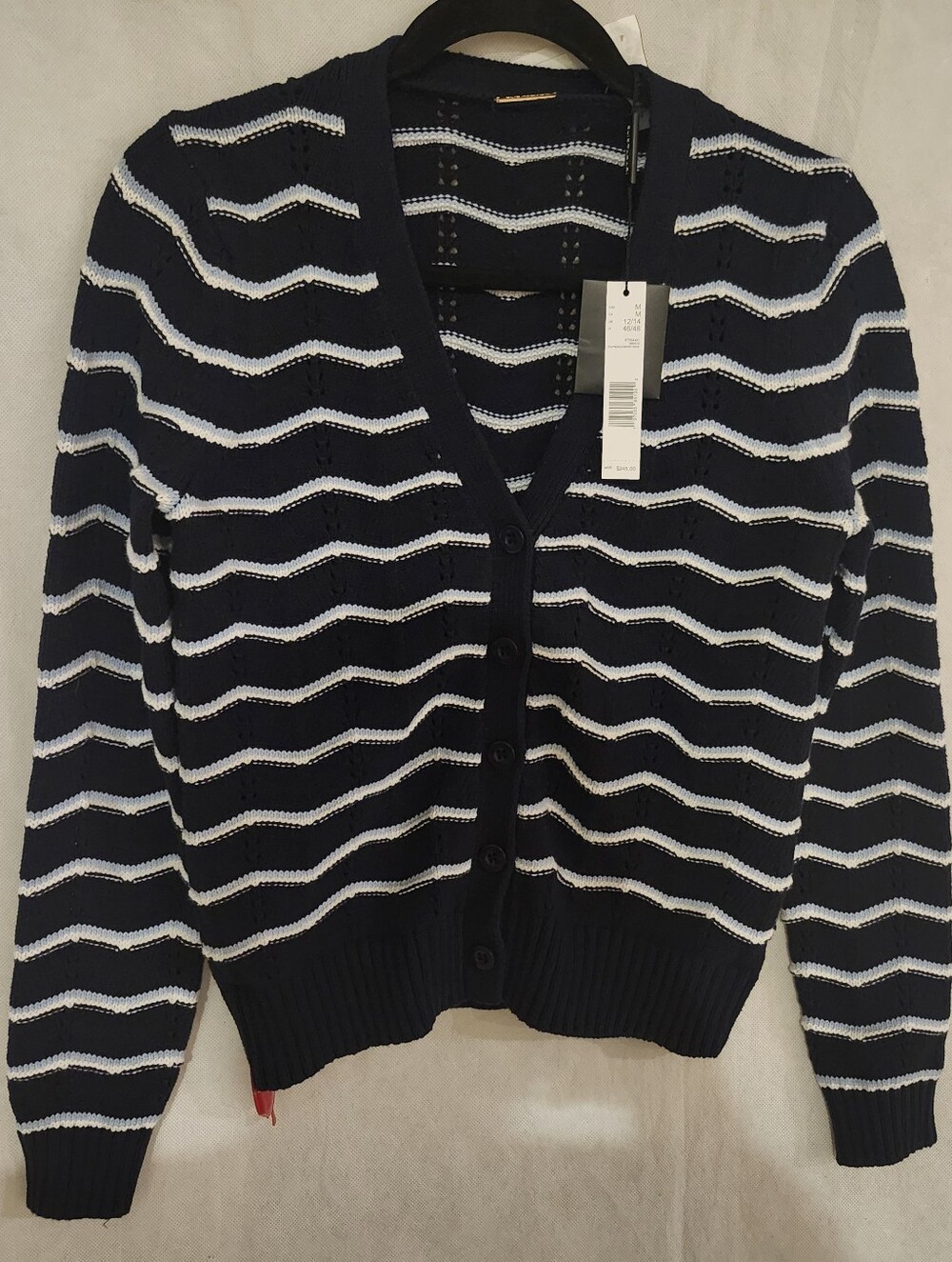 Elie Tahari Longsleeve Button Down Stripe Cardigan Sweater In Navy/White Sz M